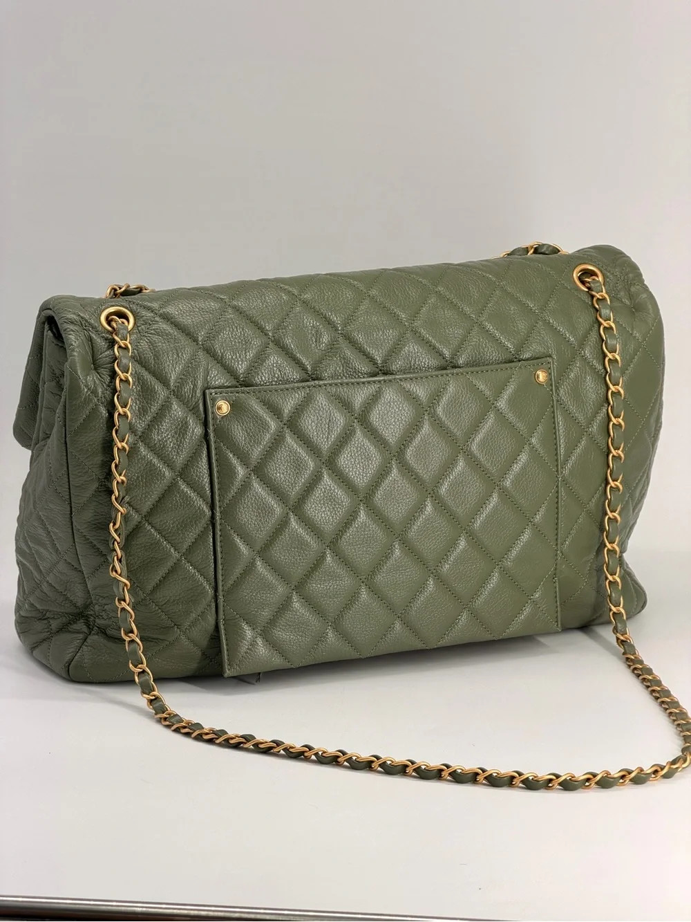 Chanel XXL Travel Classic Flap Bag Khaki Grained Calfskin Leather